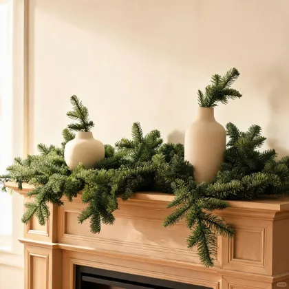 Norfolk pine garland on a mantel