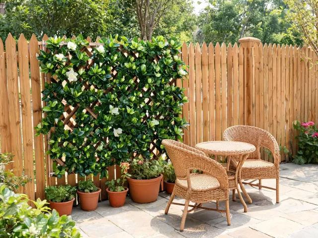 Faux gardenia trellis on outdoor fence