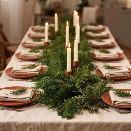 Cedar garland styled for a holiday table