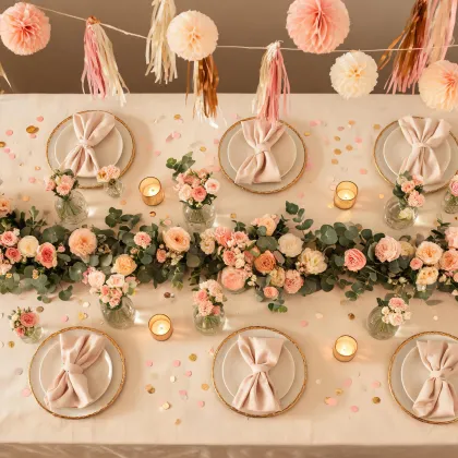 Party table with floral garland and vases
