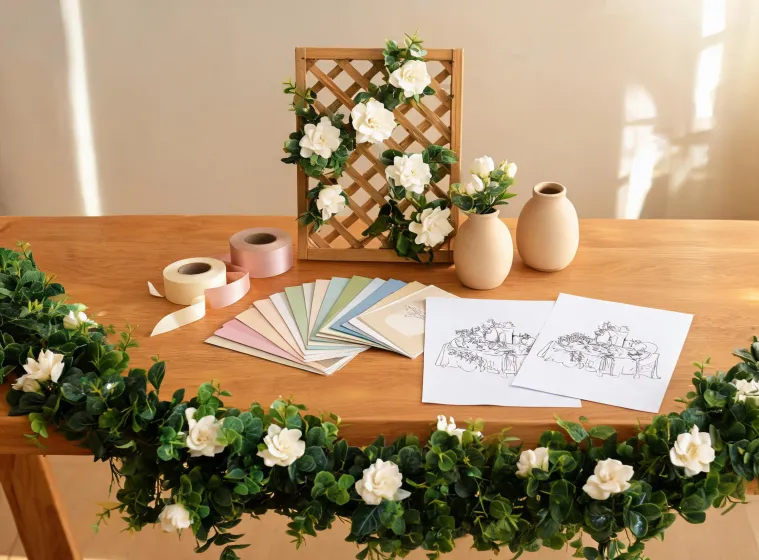 Afloral styling table with garland and vases